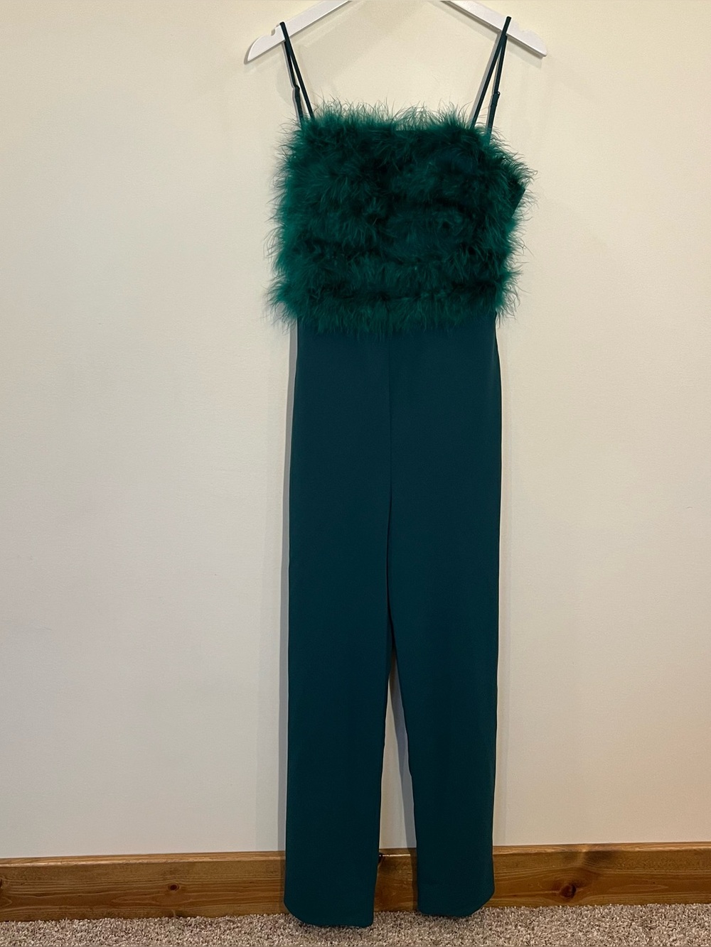 Emerald Feather Trim Wide Leg Jumpsuit Medium Open Back Holiday Glam Y2K Party